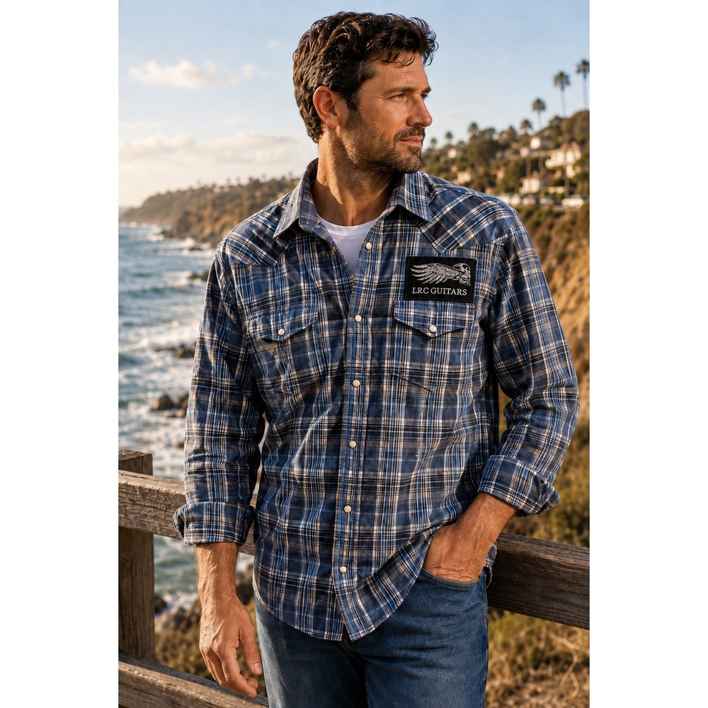 Lucky Brand LRC Guitars Plaid Western Shirt Men XL Blue Pearl Snap Guitar Patch